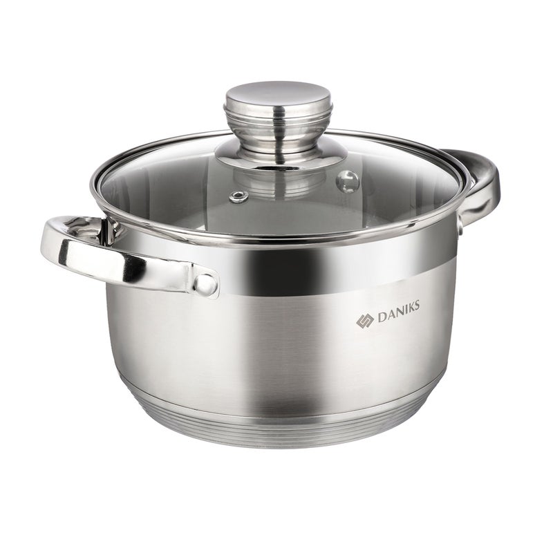 Daniks Standard 2 Quart Stainless Steel Stock Pot with Glass Lid, Try-Ply Bottom for Even Heating, Induction Compatible, Dishwasher Safe, Built-In Measuring Scale, Silver - Image 1